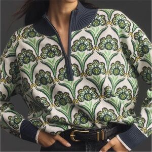 Maeve Anthropologie Montana Mock-Neck Half-Zip Sweater Green Motif size Small